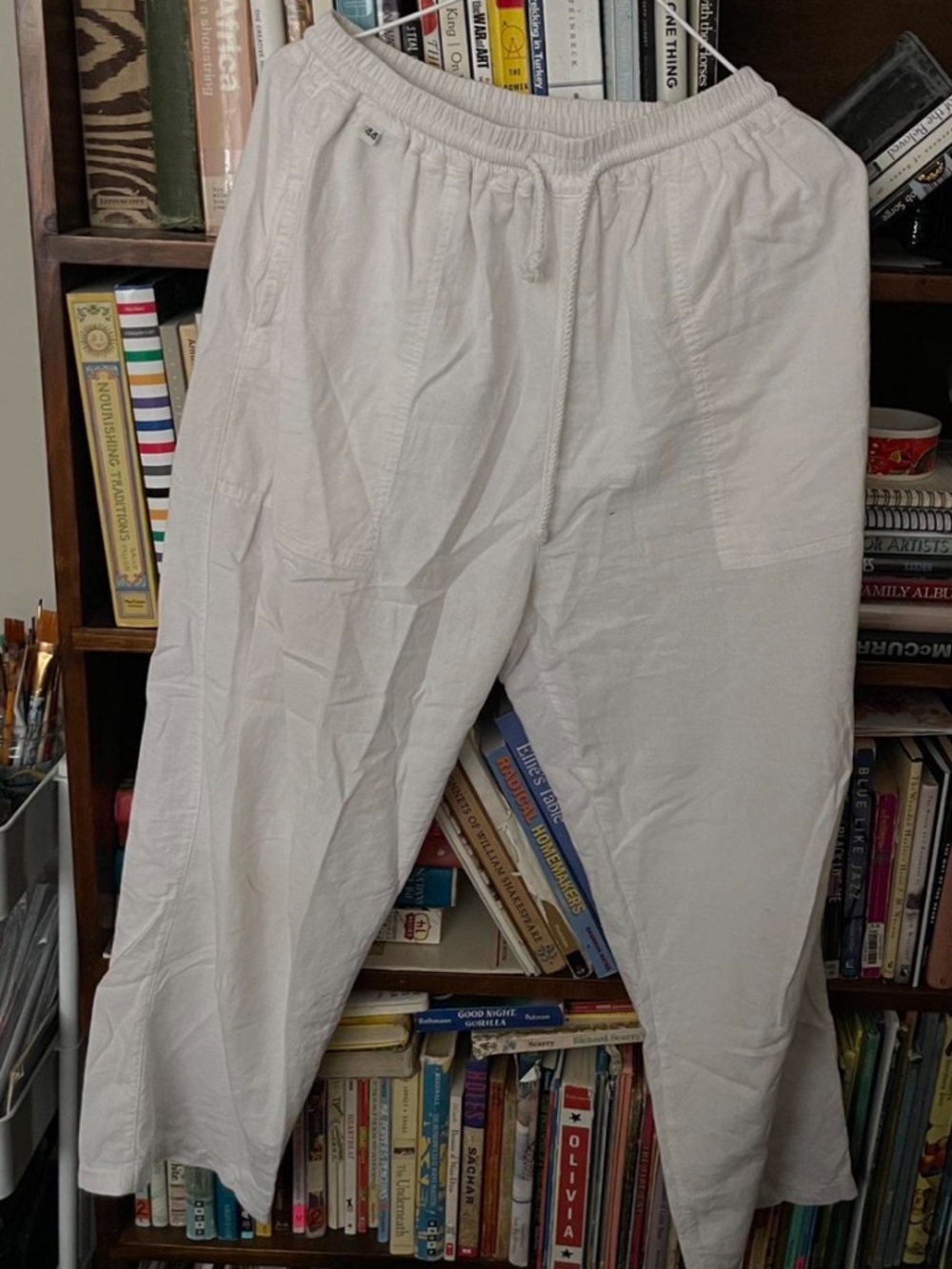 White Linen Elastic Waist Pants